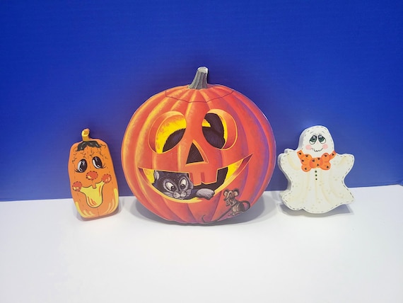 Vintage Goofy Halloween Jack O Lantern and Ghost Wood Figurines