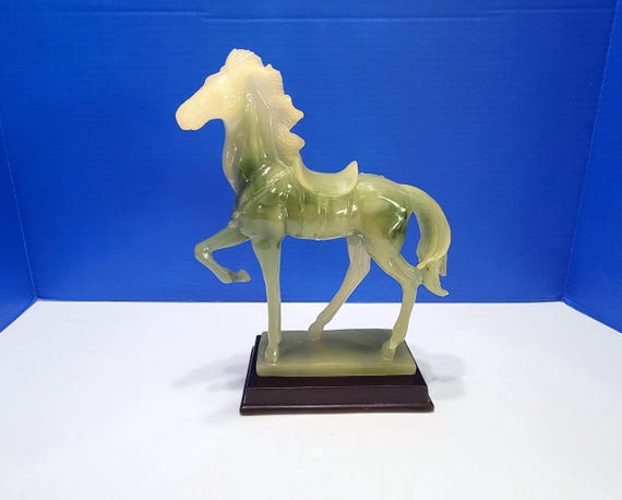 Vintage Green Asian Horse Statue on Wood Base