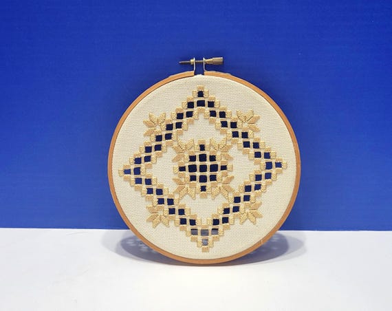 Vintage Norwegian Hardanger Embroidery Wall Hanging in Wood Hoop