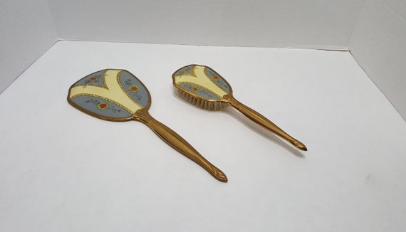 Vintage Blue Floral Vanity Brush and Mirror Set