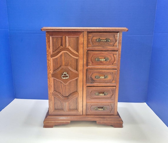 Vintage Standing Wood Jewelry Box with Lots of Drawers