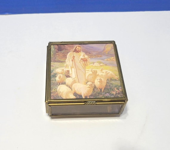 Vintage Via Vermont Stained Glass Square Jewelry Box Jesus the Shepherd