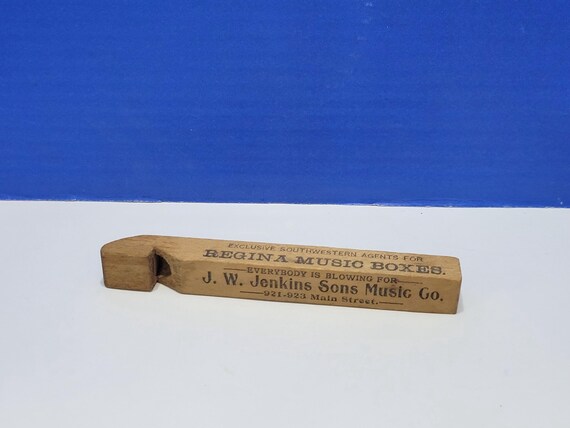 Antique Small Wood Train Whistle with Steinway Piano and Music Advertising