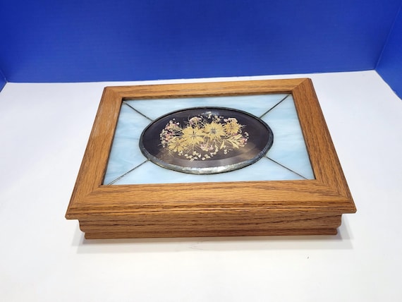Vintage Oak Wood Jewelry Box with Stained Glass Lid and Pressed Flowers