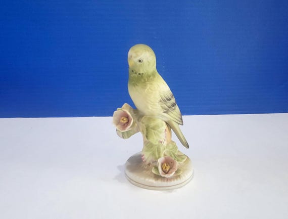 Vintage Ceramic Green Parakeet Tropical Bird Figurine