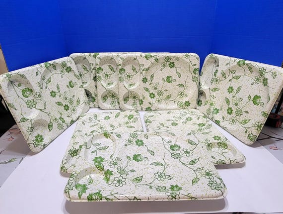 Vintage Plastic Green and White Floral Serving Trays Compartmentalized Set of 8