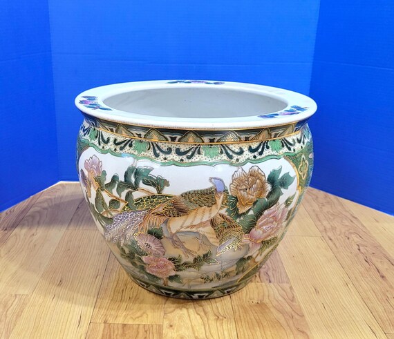 Vintage Satsuma Asian Fish Bowl Planter Chinoiserie White with Birds