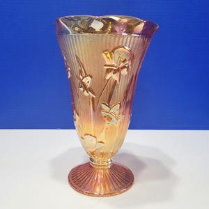 Vintage Orange Carnival Glass Vase Iris and Herringbone - Etsy