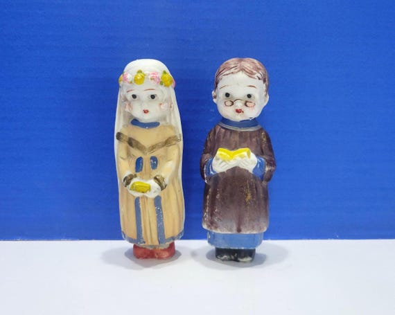 Vintage Bisque Frozen Charlotte Penny Dolls Bride and Pastor Figurines