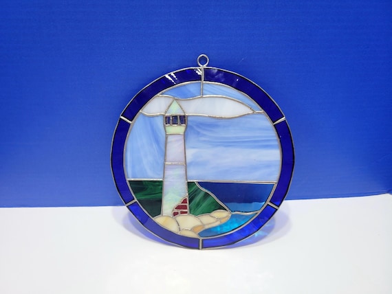 Vintage Stained Glass Light House Round Suncatcher