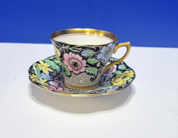 Vintage Rosina Black Floral Tea Cup and Saucer English Bone China
