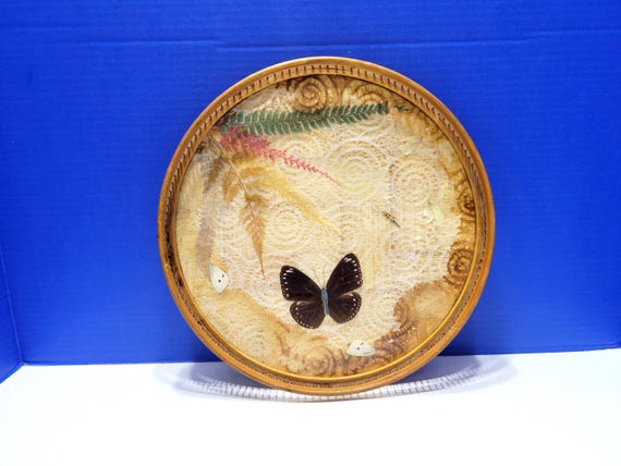 Vintage Bamboo Round Tray with Pressed Butterflies