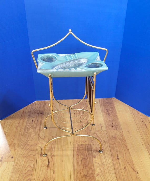 Midcentury Turquoise Standing Ash Tray Magazine Rack