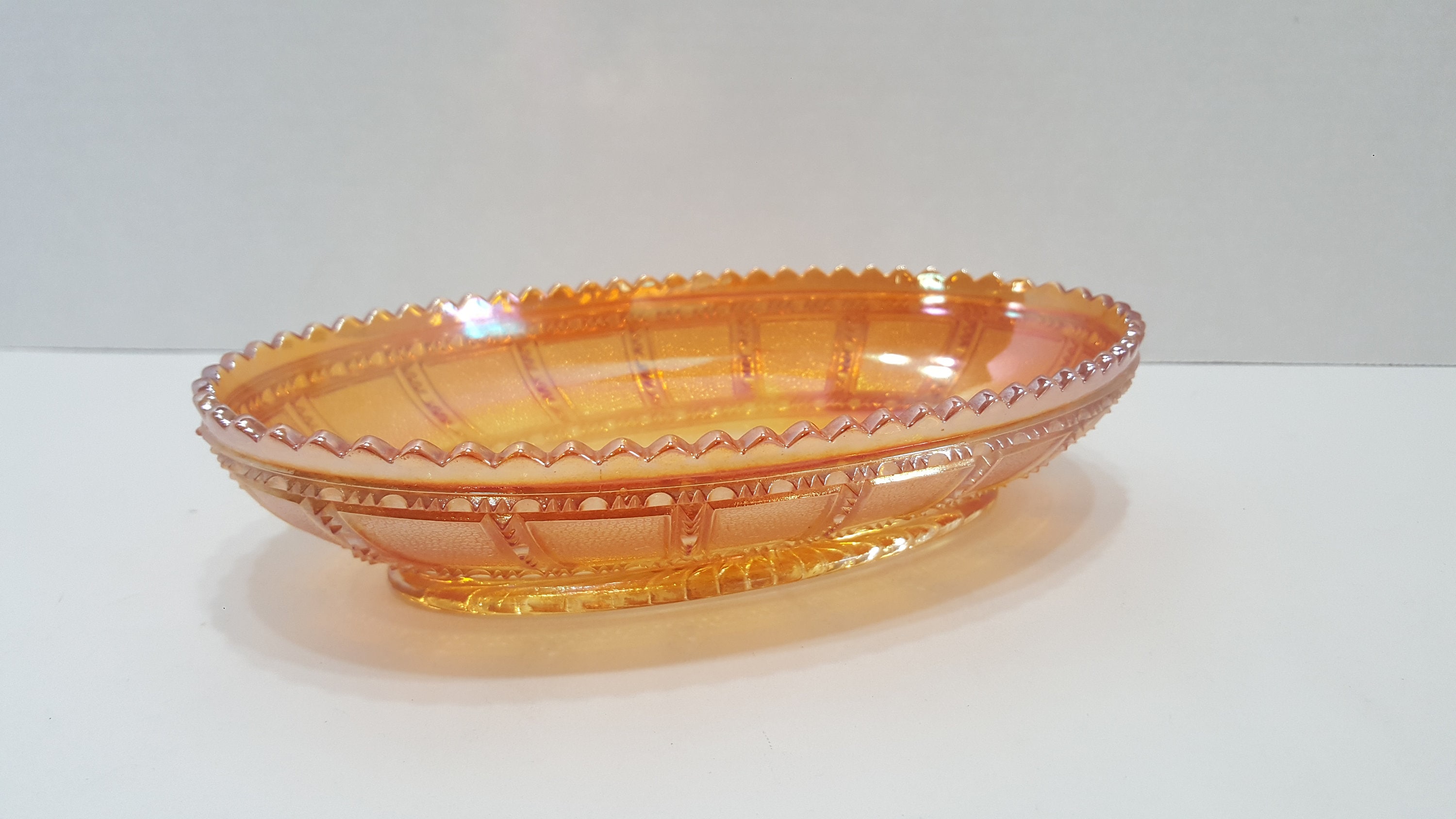 Vintage Orange Marigold Carnival Glass Pickle Dish Oval Bowl