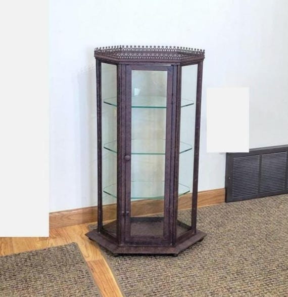 Vintage Bronze Metal Small Curio Display Cabinet