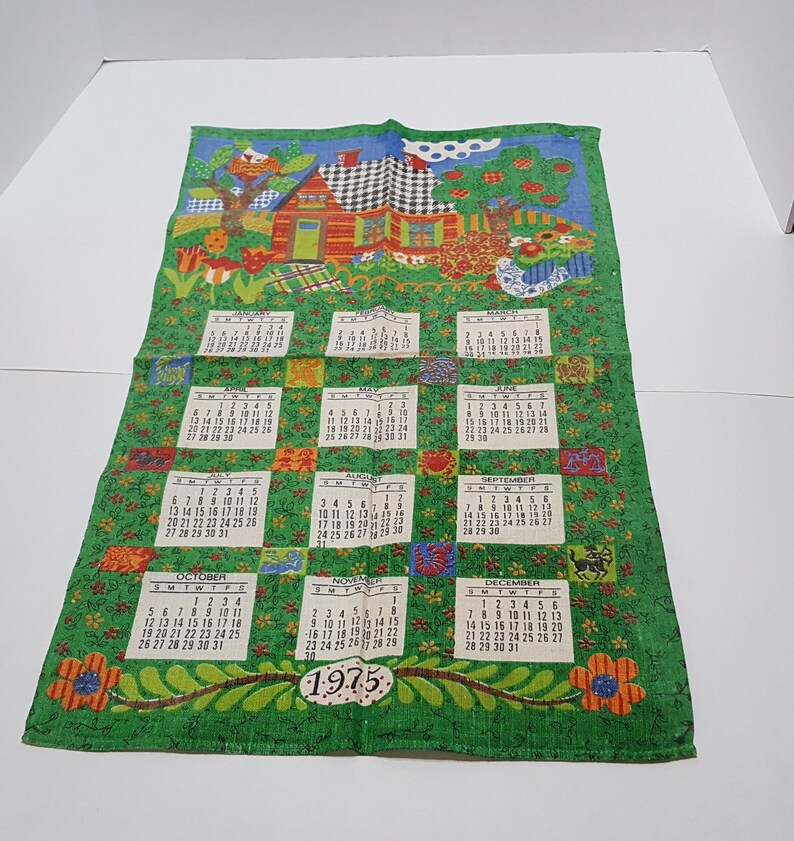 1975 Vintage Tea Towel Calendar Green Floral Country House Etsy