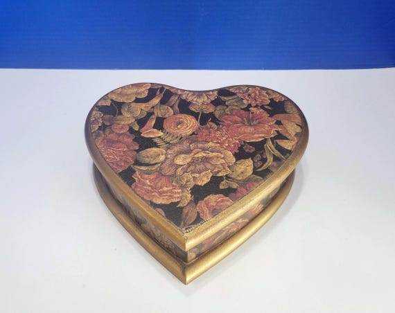 Vintage Wood Heart Storage Box with Roses