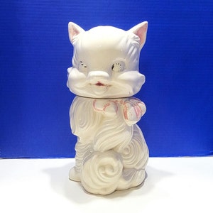 1940s Vintage Fluffy Cat American Bisque Cookie Jar con lazo rosa