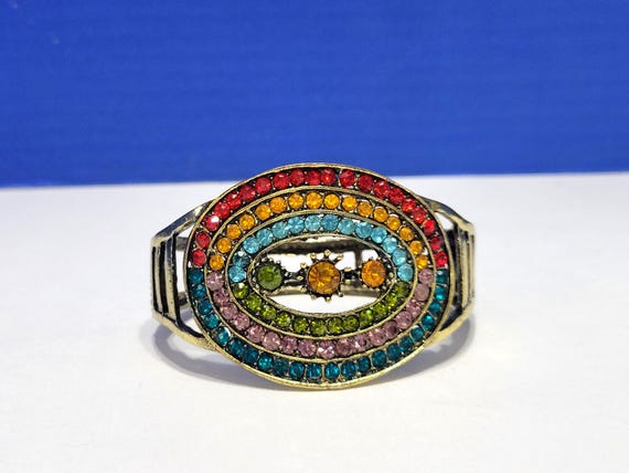 Vintage Rainbow Rhinestone Clamper Bangle Statement Bracelet