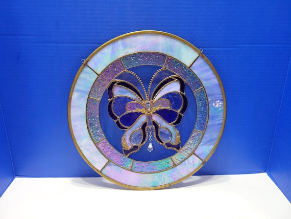 Vintage Large Blue Butterfly Stained Glass Suncatcher