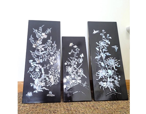 3 Vintage Asian Black Lacquer Wall Panels with Mother of Pearl Inlay