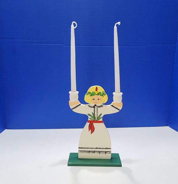 Vintage Swedish Lucia Doll Wooden Candle Holder