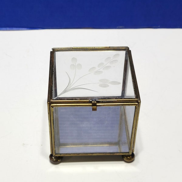 Vintage Small Cube Jewelry Box Brass and Glass Etched Flowers