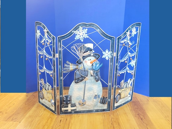Vintage 3D Metal Snowman Folding Fireplace Screen