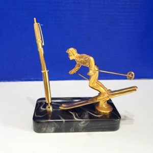 Vintage Black and Gold Downhill Skier Pen Holder