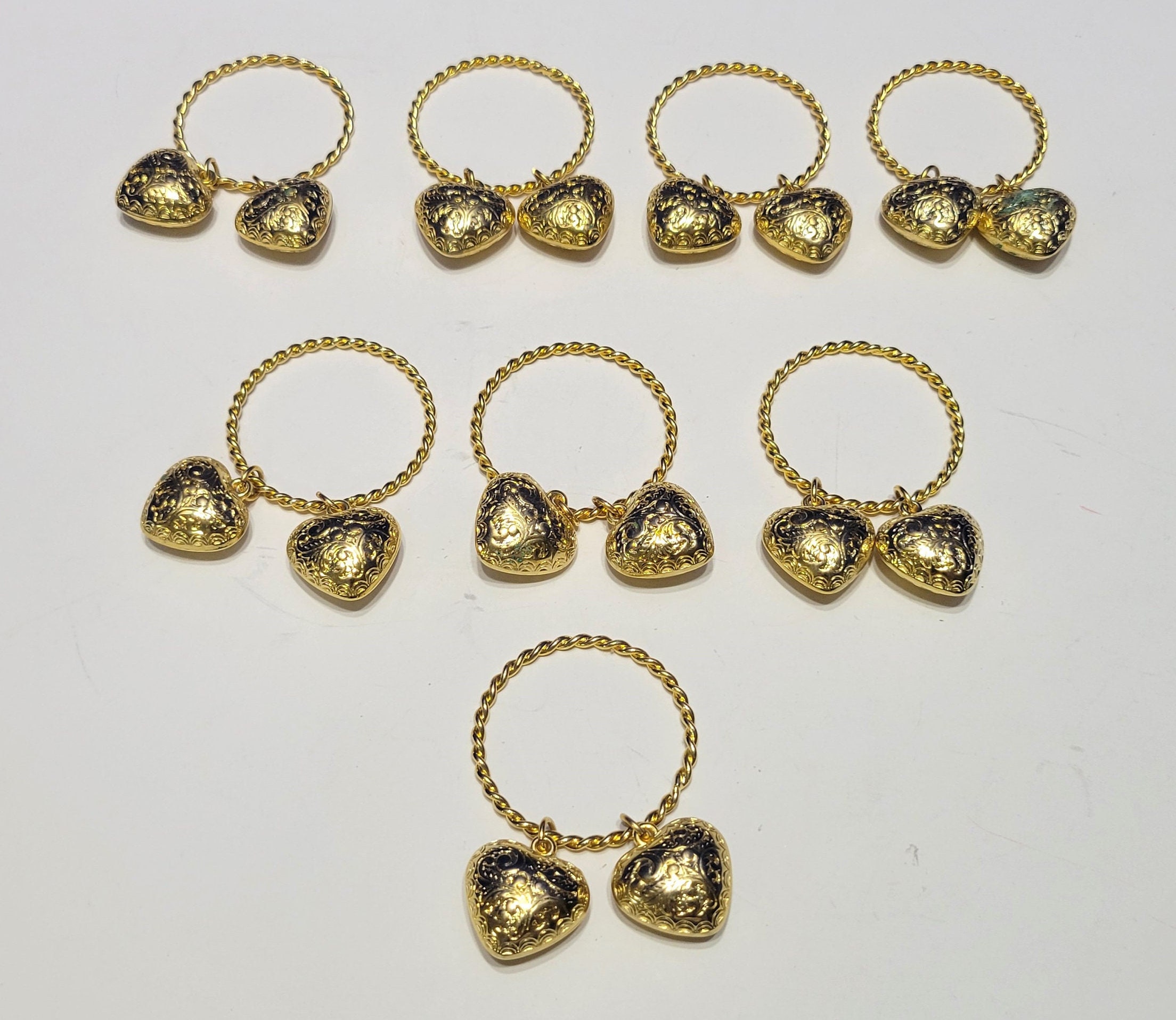 Vintage Gold Puffy Heart Napkin Rings Set of 8