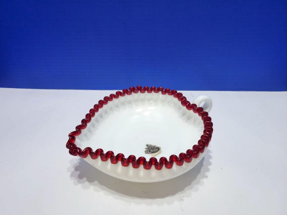 Vintage Fenton Milk Glass Heart Shaped Ruby Crest Glass Candy Dish