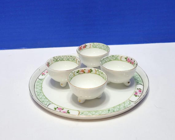 Vintage Nippon Pink and Green Floral Salt Cellars with Underplate Set