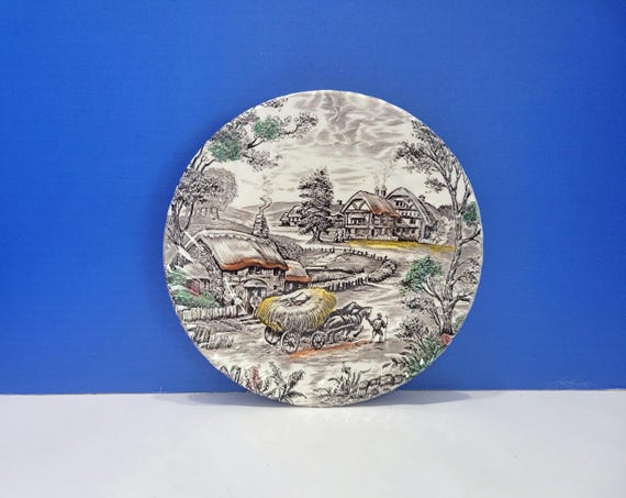 Vintage Yorkshire Ironstone Salad Plate Staffordshire England Farm Scene 8" (6 available)