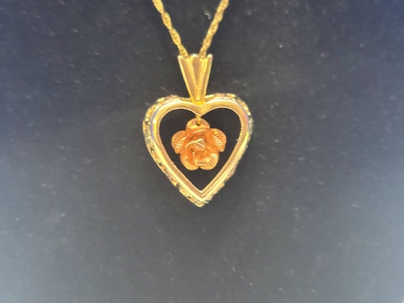 Vintage 10K Black Hills Gold Heart Pendant Necklace with Rose on GF Chain