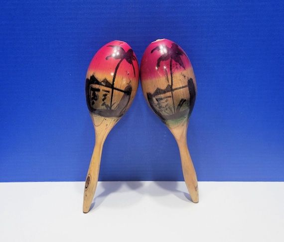 Pair Vintage Wood Maracas from Mazatlan, Mexico