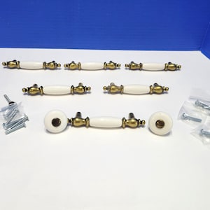 Vintage Brass and White Ceramic Drawer Handle Pulls Set of 8