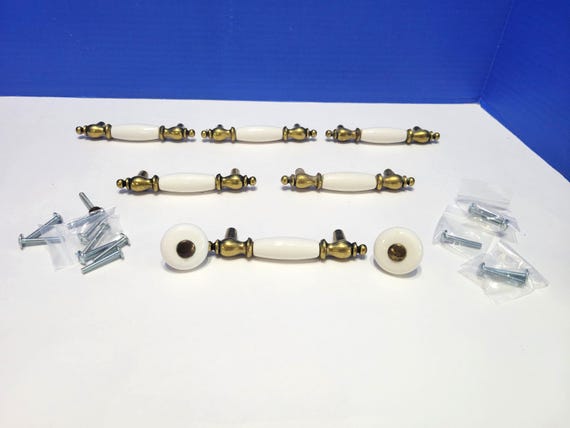 Vintage Brass and White Ceramic Drawer Handle Pulls Set of 8