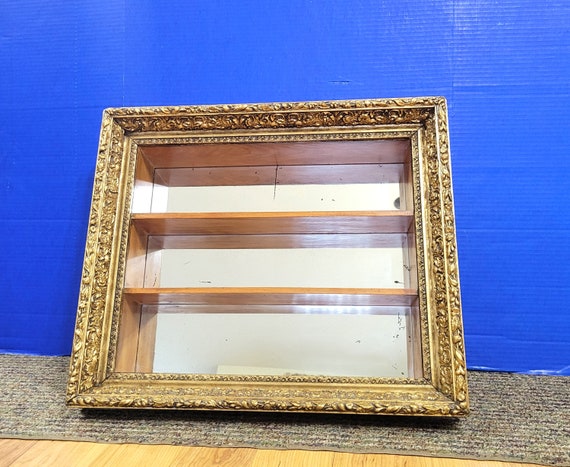 Vintage Shadow Box Mirror with Shelves Ornate Gold Pressed Wood