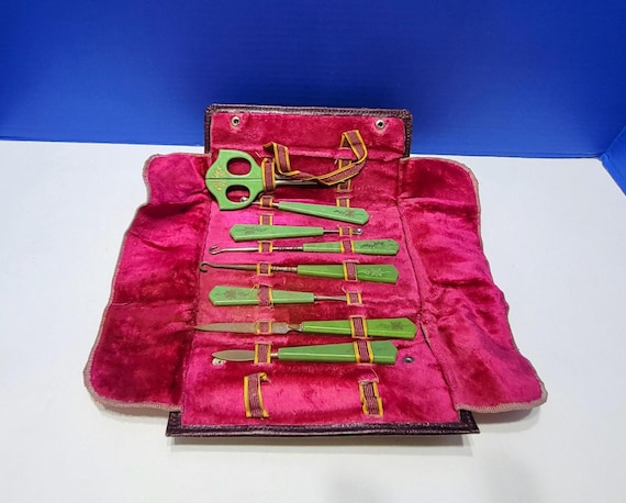 Antique Manicure Grooming Kit with Green and Gold Handles in Case