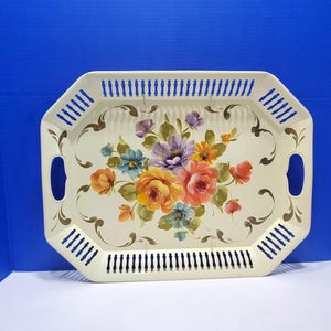 Vintage Nashco Beige Toleware Floral Painted Decorative Tray