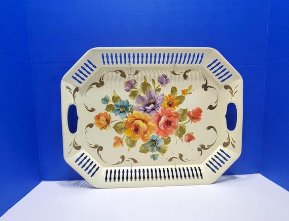 Vintage Nashco Beige Toleware Floral Painted Decorative Tray