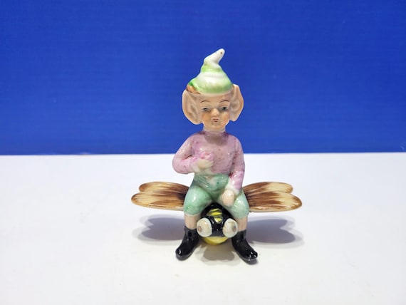 Vintage Pixie Elf Riding a Dragonfly Figurine Made in Japan