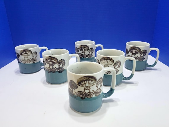 1970s Vintage Otagiri Blue Stoneware Mushroom Mugs Set of 6