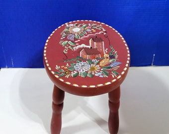 Vintage Red Wood Foot Stool Folk Art Painted with Tole Flowers