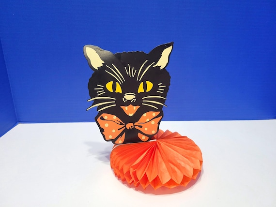 Vintage Black Cat on Orange Honeycomb Halloween Party Centerpiece