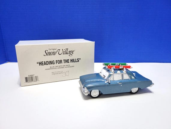 Vintage Department 56 Snow Village Heading for the Hills Blue Car with Ski Rack