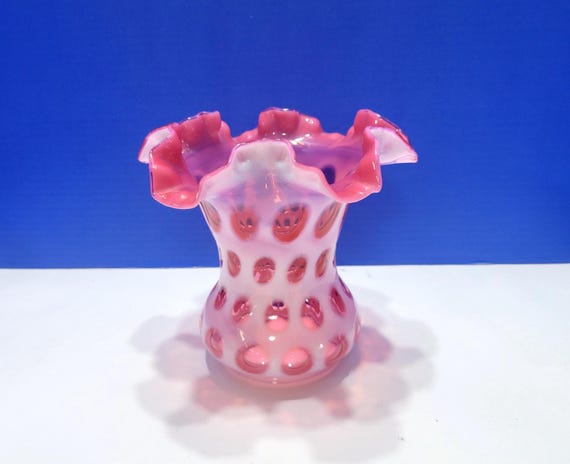 Vintage Fenton Cranberry Glass Opalescent Coin Dot Vase 6"