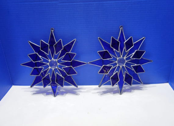 Pair Vintage Blue Stained Glass 3D Snowflake Suncatchers 9"