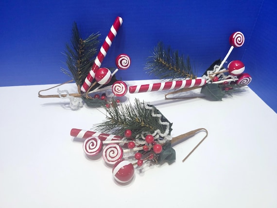 Vintage Curly Cue Lollipop and Candy Cane Christmas Picks Lot of 3