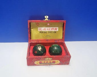 Vintage Chinese Green Cloisonne Boading Balls in Red Box